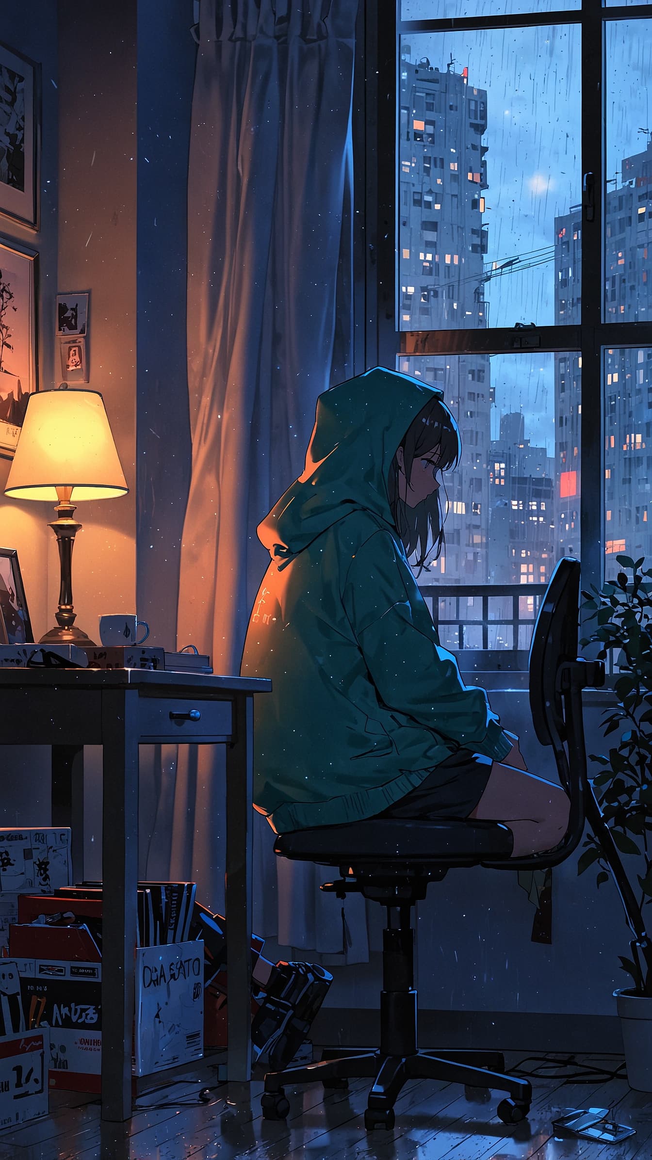 Watching the City Rain – Neon Rain Aesthetic Wallpaper anime wallpaper
