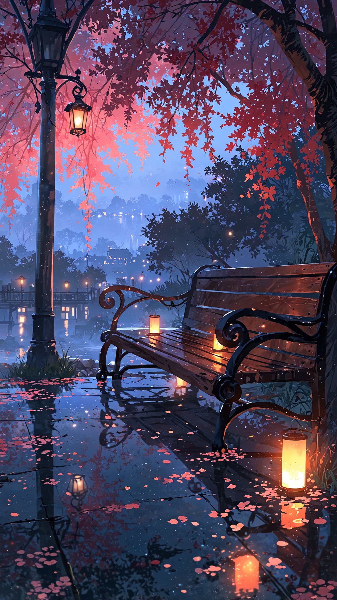 The Autumn Park Bench – Peaceful Fall Anime Wallpaper, 4k anime wallpaper, anime autumn, park bench, falling leaves, cozy scenery, warm tone