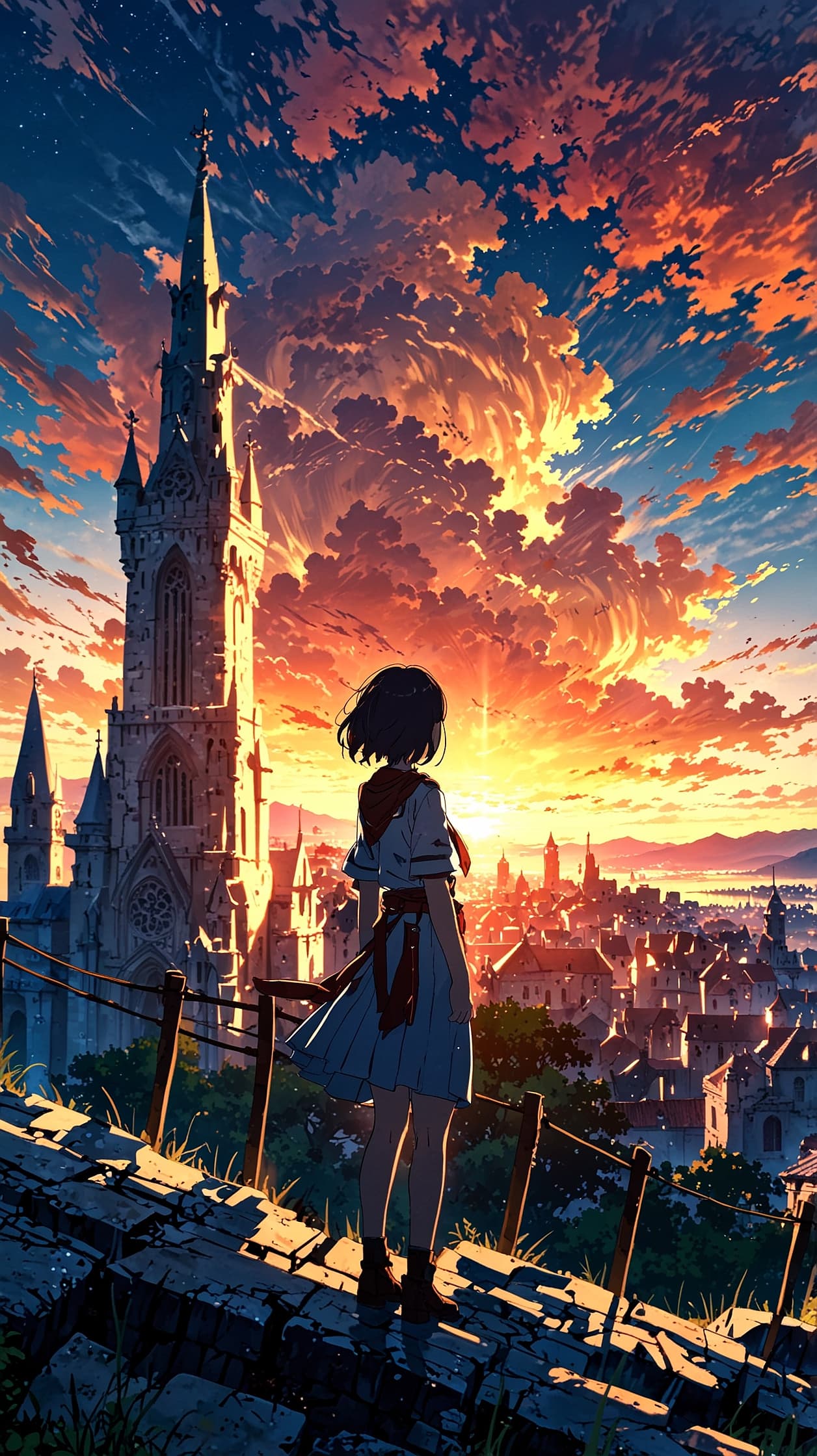 Sunrise Over the Cathedral City – Elegant Anime Morning Wallpaper, 4k anime wallpaper, anime city morning, sunrise skyline, cathedral view, glowing sky, light rays