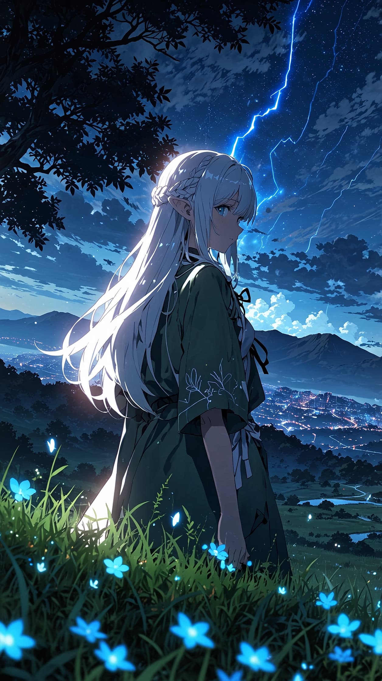 Storm Over the Luminous Valley – Dramatic Fantasy Wallpaper, 4k anime wallpaper, anime storm, glowing valley, dramatic sky, thunderclouds, fantasy energy