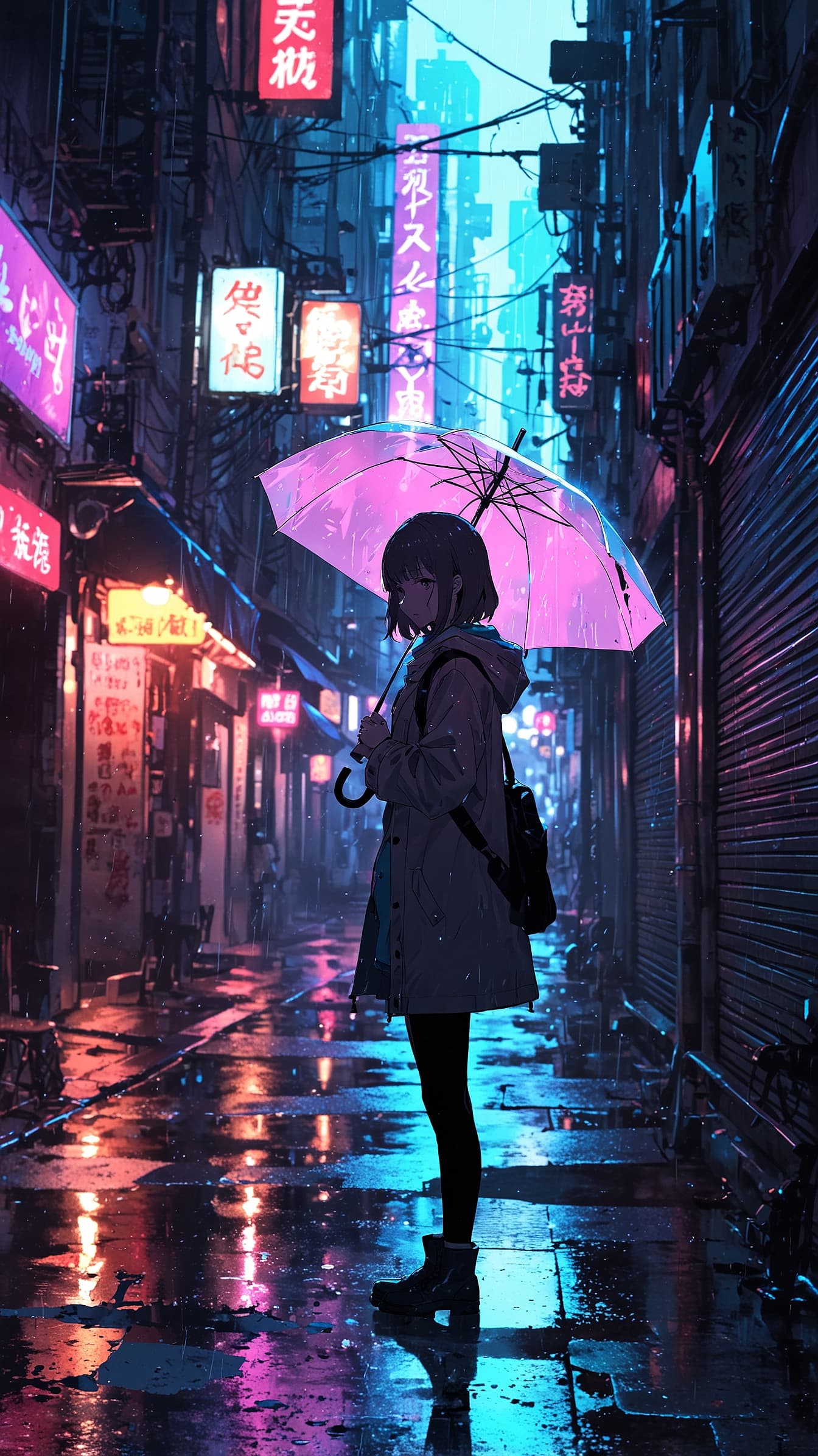 Glowing Pink Umbrella – Aesthetic Rain Anime Wallpaper, 4k anime wallpaper, anime umbrella, neon glow, rainy night, pink light, cozy rain scene