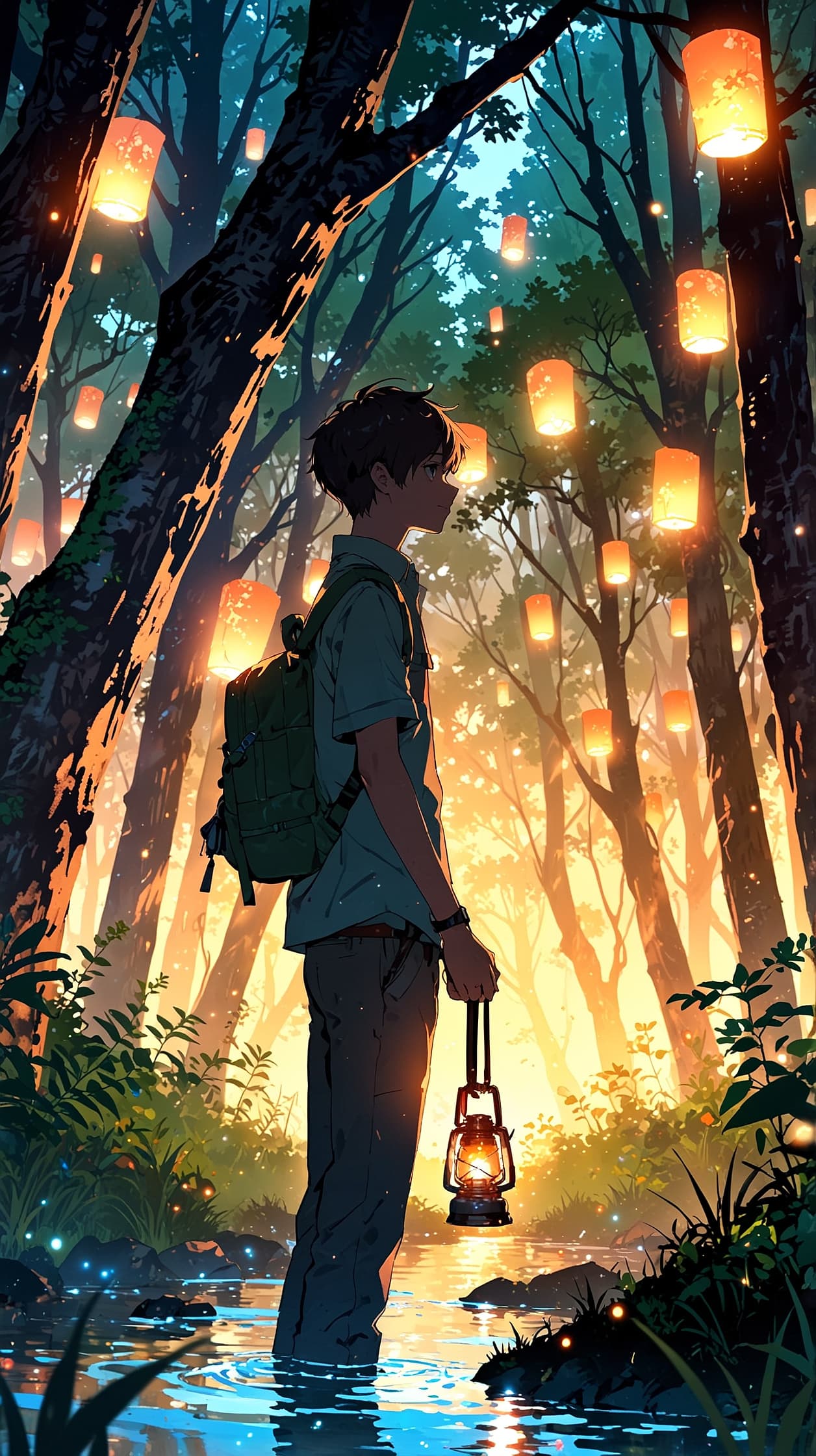 Forest of Floating Lanterns – Magical Night Anime Wallpaper, 4k anime wallpaper, anime forest, floating lights, lanterns, peaceful magic, night glow